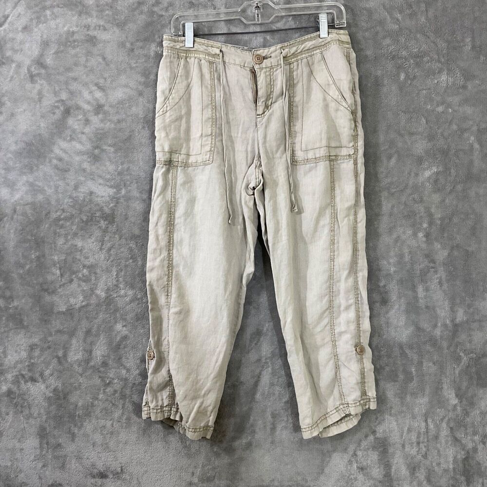 Blue Earth 100% Linen Pants women’s 4 Pants Drawstring Waist pockets roll tab